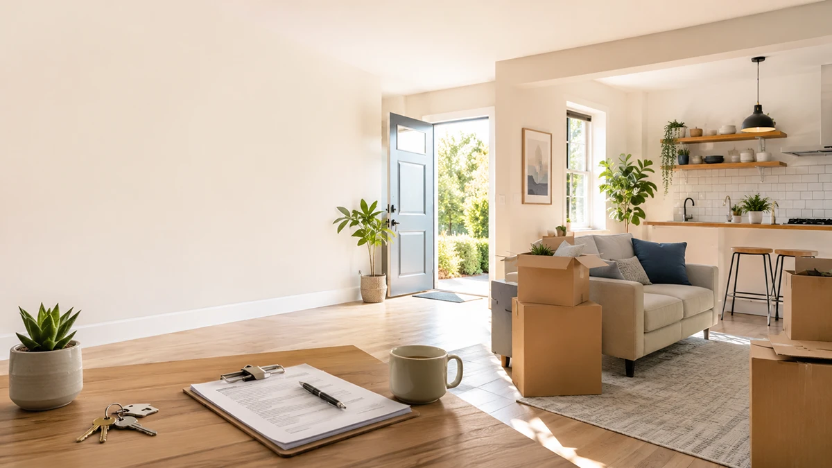 A sunlit apartment with moving boxes, a signed lease, and house keys on the coffee table