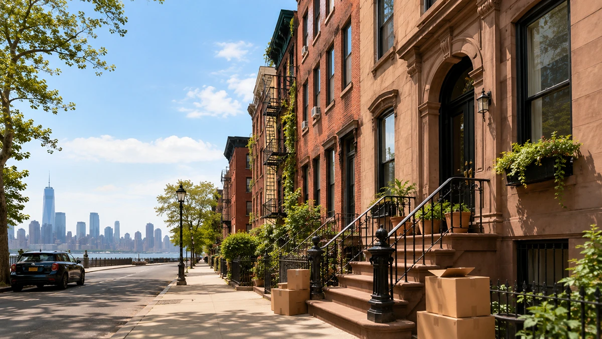 Brownstone apartments on a tree-lined block with the city skyline in the distance