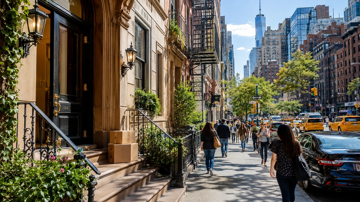 A lively Brooklyn block with people walking past brownstones